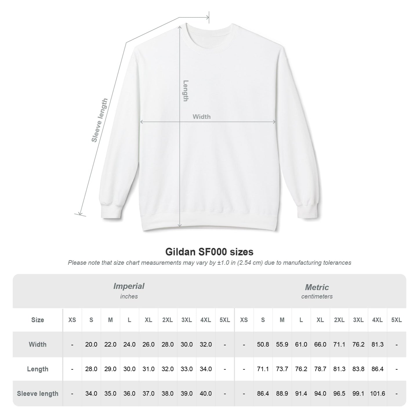 White sweatshirt with measurement chart on a white background