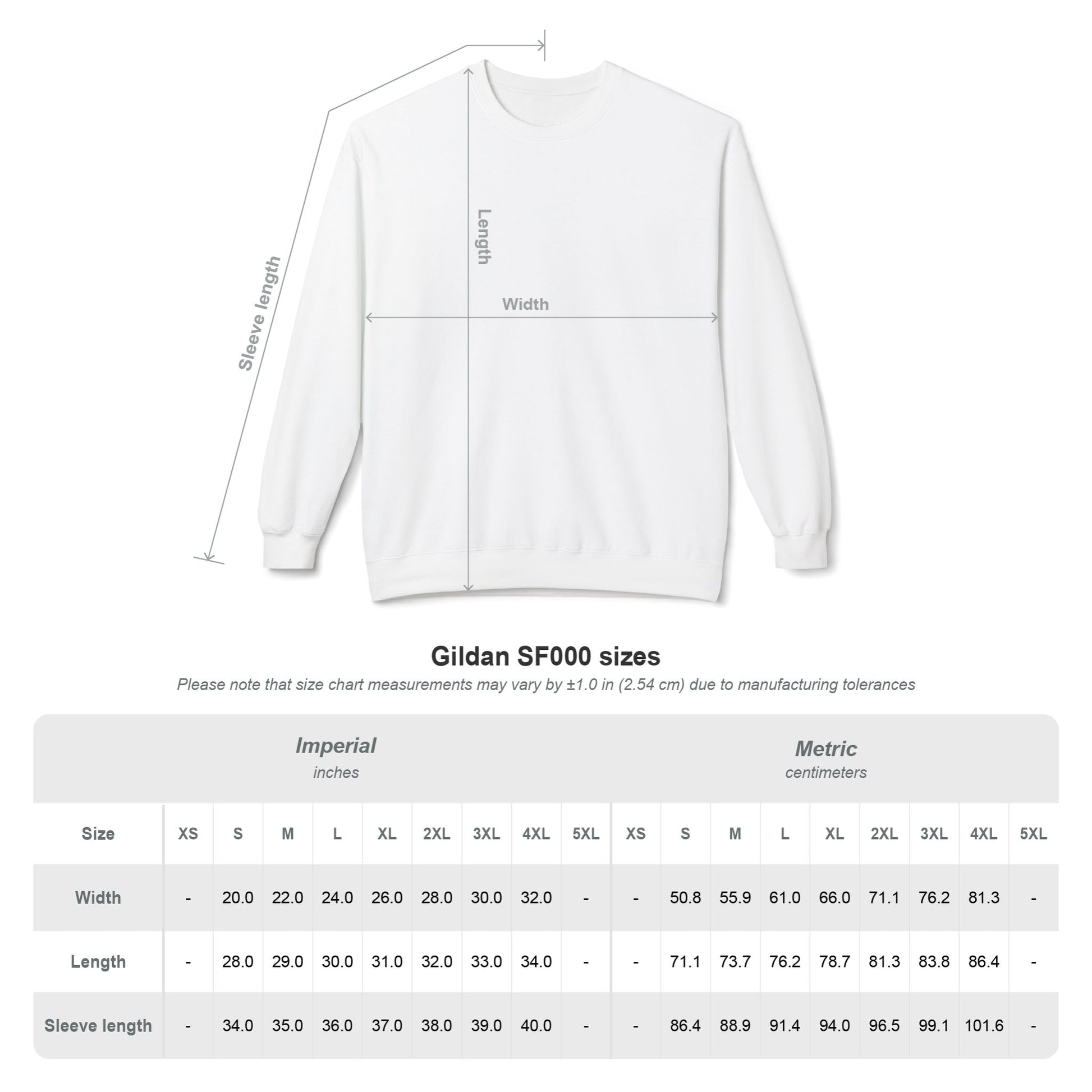 White sweatshirt with measurement chart on a white background