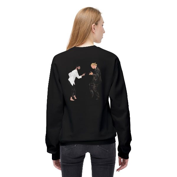 Person wearing a black sweatshirt with a graphic design on the back, standing against a white background