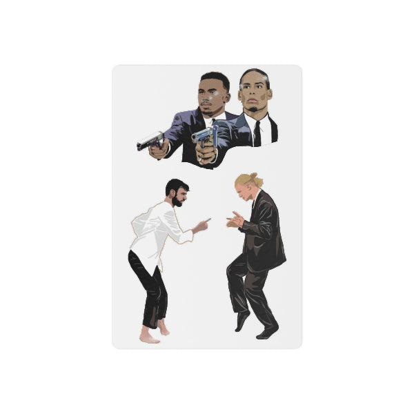 Illustrations of four people in formal attire on a white background