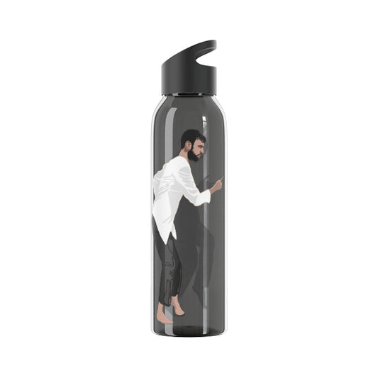 Clear water bottle with a printed design of a man on a white background