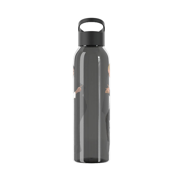 Black water bottle with a pattern on a white background