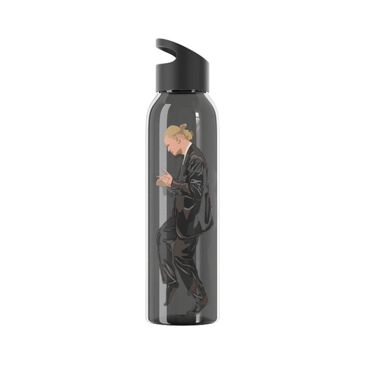 Water bottle with a design of a person in a suit on a white background