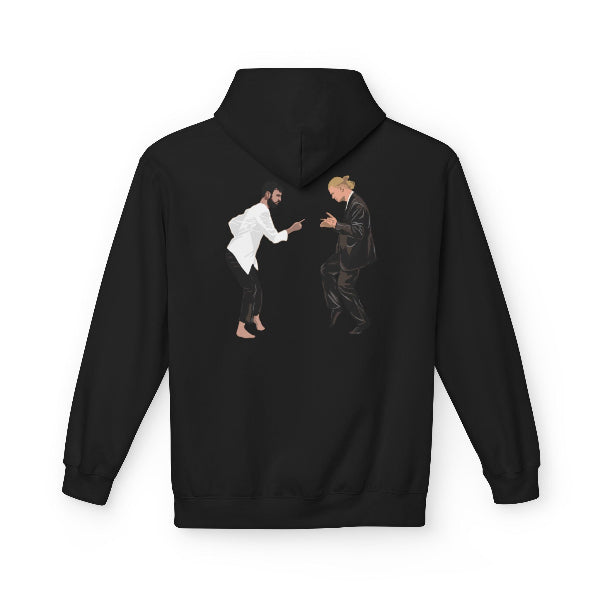 Black hoodie with white text and graphics on the back