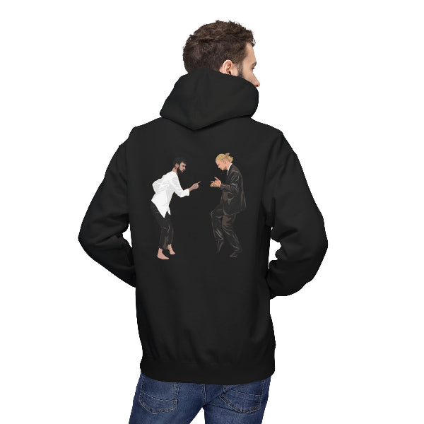 Black hoodie with a graphic of two people shaking hands on the back, worn by a person against a white background.