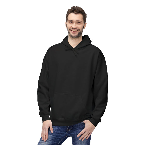 Man wearing a navy blue hoodie with a logo on a white background