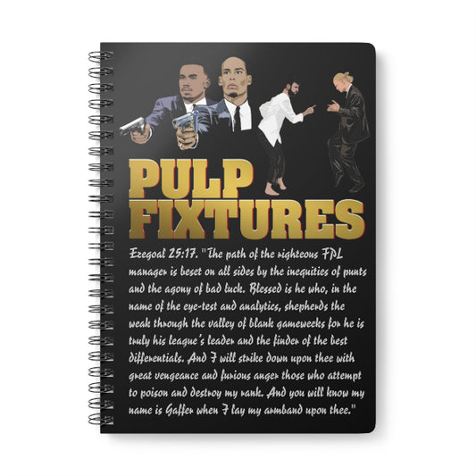 Notebook with 'Pulp Fixtures' design featuring four men in suits and text on a black background.