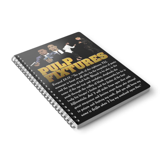 Notebook with 'Pulp Fixtures' design on a white background