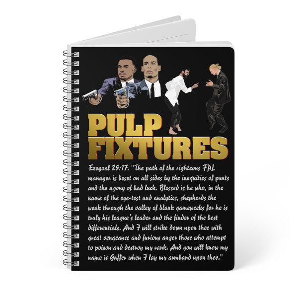 Notebook with 'Pulp Fixtures' design featuring characters and text on a white background