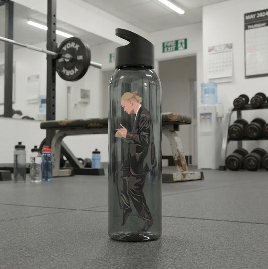 Pulp Fixtures FPL water bottle with Bruno Fernandes and Erling Haaland as Mia and Vincent dancing, Fantasy Premier League gift
