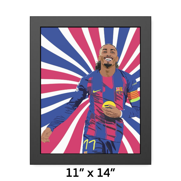 Framed artwork of a soccer player in a colorful uniform with a starburst background.
