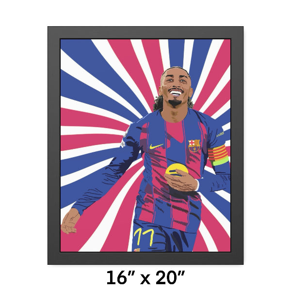 Framed artwork of a soccer player in a colorful jersey with a starburst background.