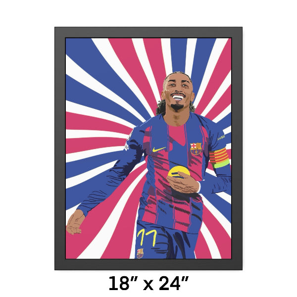Framed artwork of a soccer player in a colorful jersey with a starburst background.