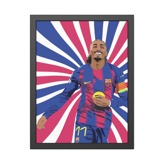 Framed artwork of a soccer player in a colorful jersey with a starburst background