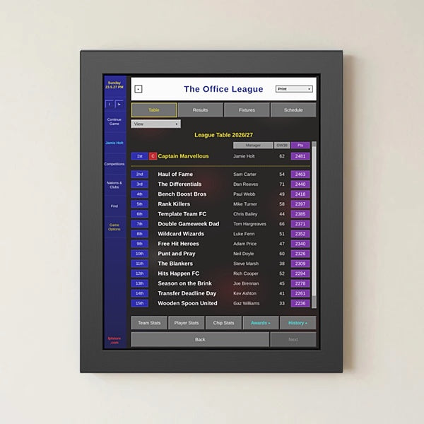 Framed print of an FPL mini-league table in a retro football management game style, with a blue title bar and the champion highlighted in gold, in a matte black frame