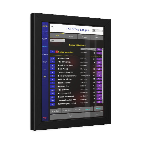 Framed print of an FPL mini-league table in a retro football management game style, with a blue title bar and the champion highlighted in gold, in a matte black frame