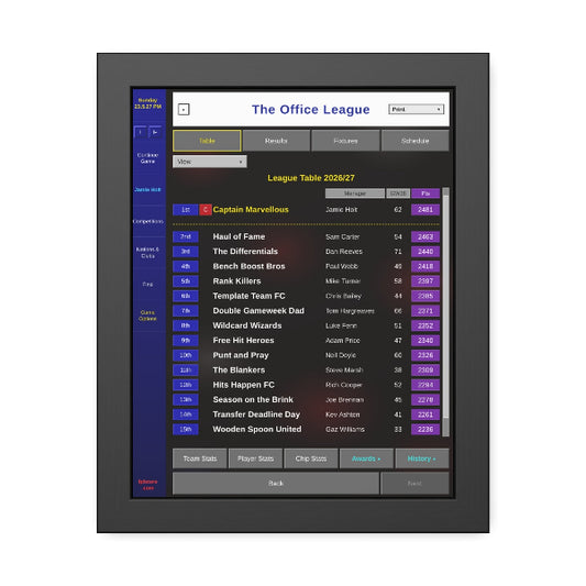 Framed print of an FPL mini-league table in a retro football management game style, with a blue title bar and the champion highlighted in gold, in a matte black frame
