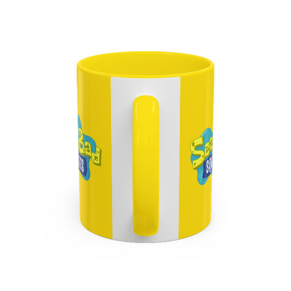 Yellow mug with a white stripe featuring a logo on a white background