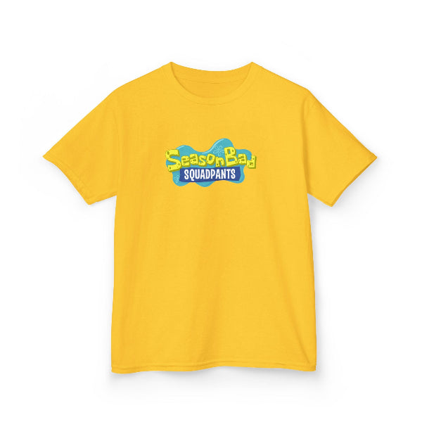 Yellow t-shirt with 'Season 2 Bad Squadpants' text on a white background