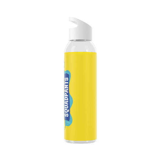 Yellow water bottle with 'Squaddpants' design on a white background