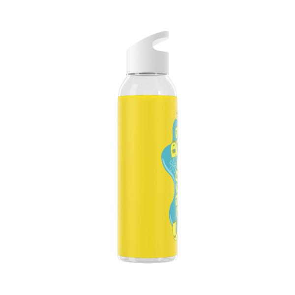 Water bottle with a yellow label featuring a blue logo on a white background