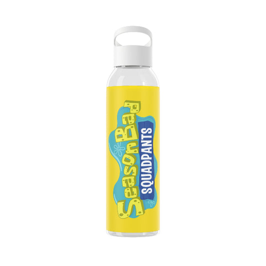 Water bottle with 'Season 2 Bad Squadpants' design on a yellow background