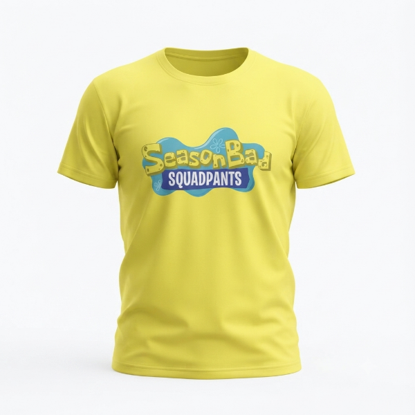 A bright yellow crewneck t-shirt featuring a 'Season Bad SQUADPANTS' graphic on the chest, displayed on a clean white background.