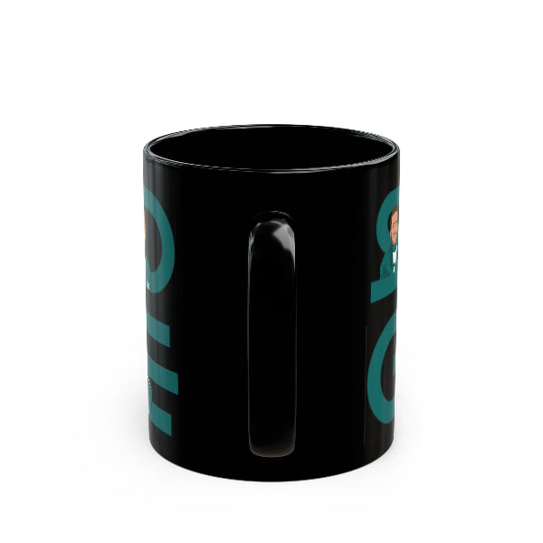 Black mug with teal design on a white background