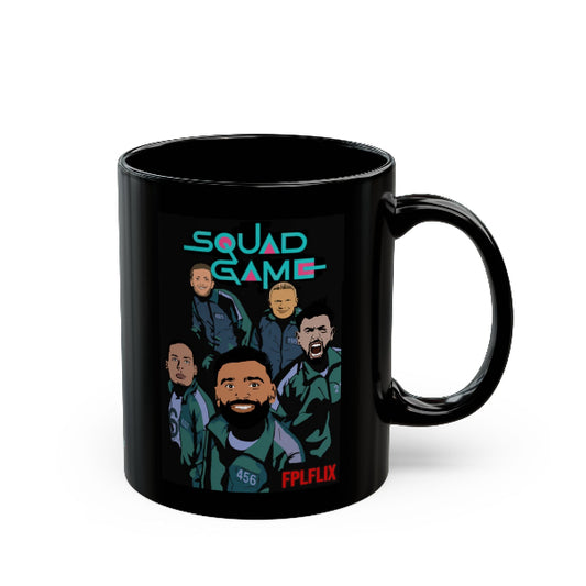 Black mug with 'Squad Game' design featuring illustrated characters on a white background