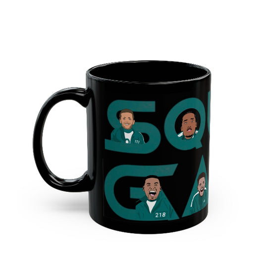 Black mug with green text and images of a man on a white background