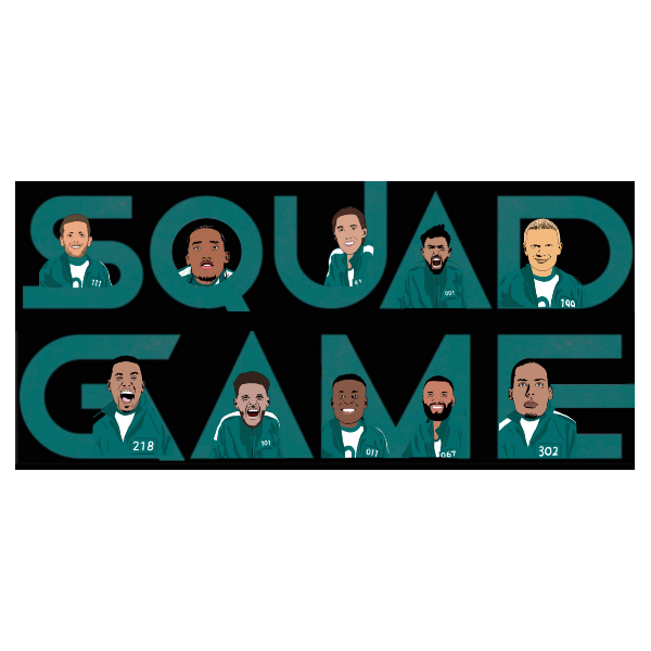 Sticker with cartoon characters and 'Squad Game' text on a black background