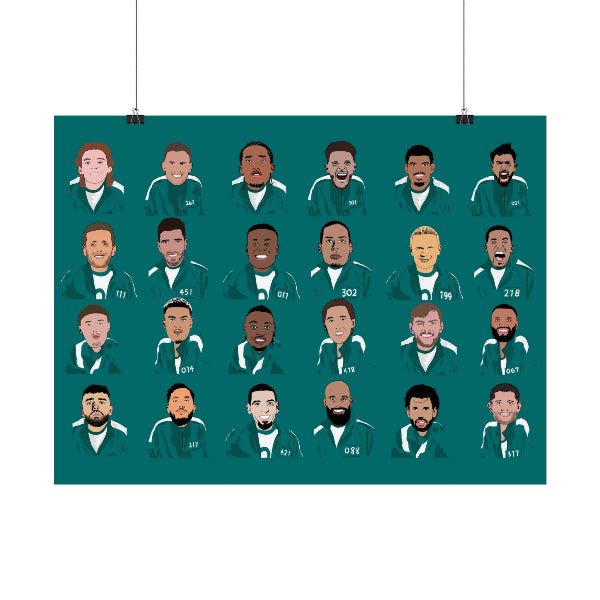 Illustrations of men in green shirts with varying facial expressions on a teal background