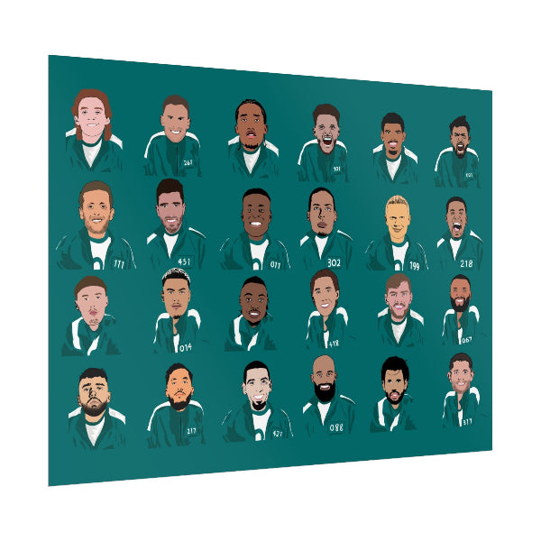 Illustrations of a man in a green jacket with various facial expressions on a teal background