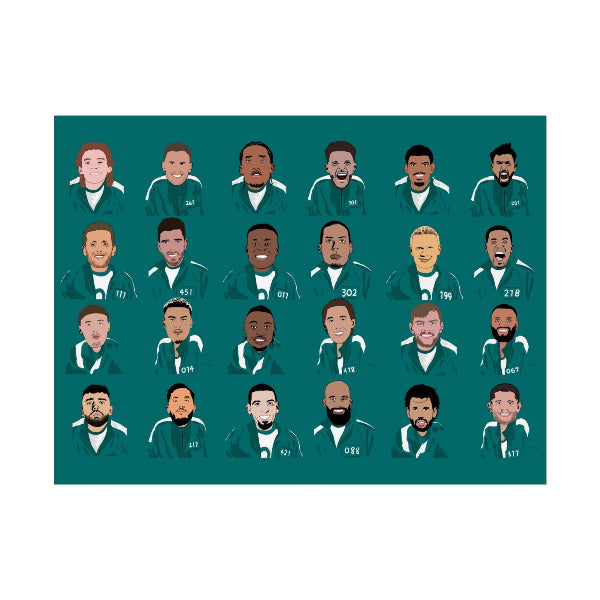 Illustrations of men in green shirts with varying facial expressions on a teal background