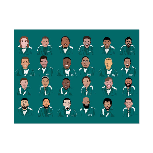 Illustrations of men in green shirts with varying facial expressions on a teal background