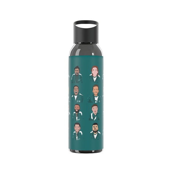 Water bottle with illustrated faces on a teal background