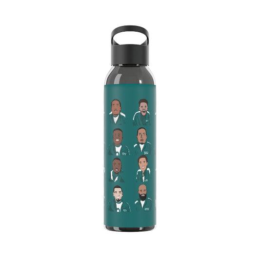 Water bottle with multiple illustrations of a person on a teal background