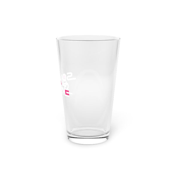 Clear glass tumbler with a logo on a white background