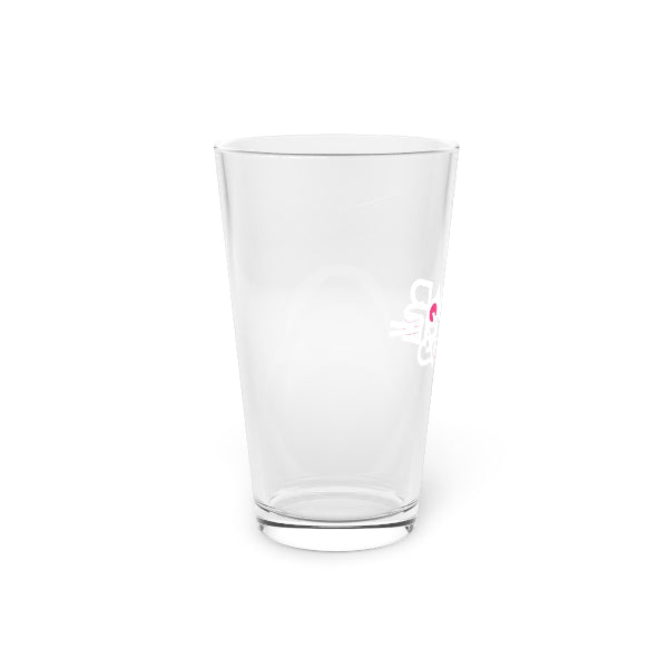 Clear glass tumbler with a logo on a white background