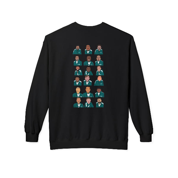 Black sweatshirt with a pattern of small images on the back against a white background