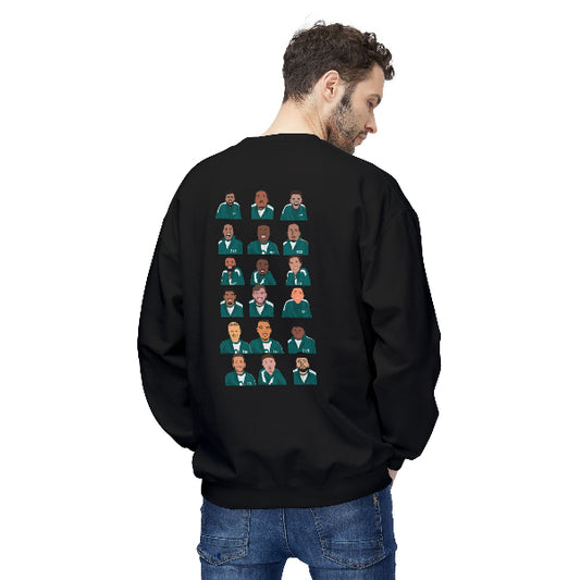 Person wearing a black sweatshirt with multiple images of themselves on the back, standing against a white background.