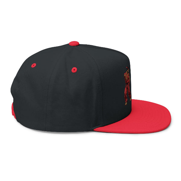 Black and red cap with visible branding on a white background