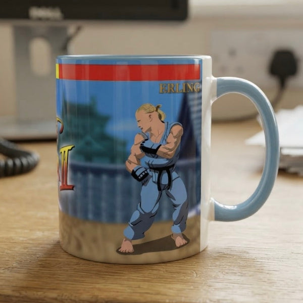Street FPLer II mug with Bruno Fernandes and Erling Haaland as Ryu and Ken, Fantasy Premier League gift