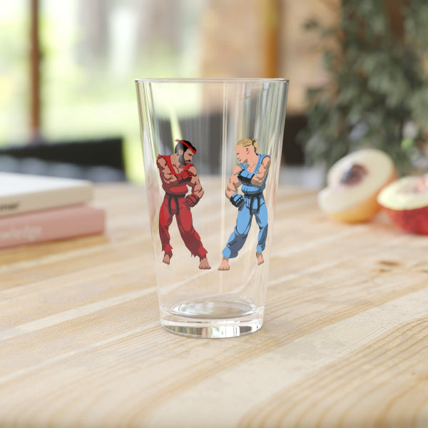 Clear glass with cartoon characters on a wooden surface