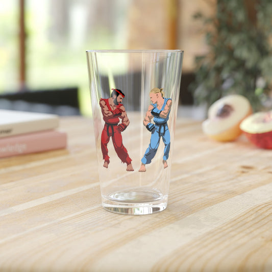 Clear glass with cartoon characters on a wooden surface