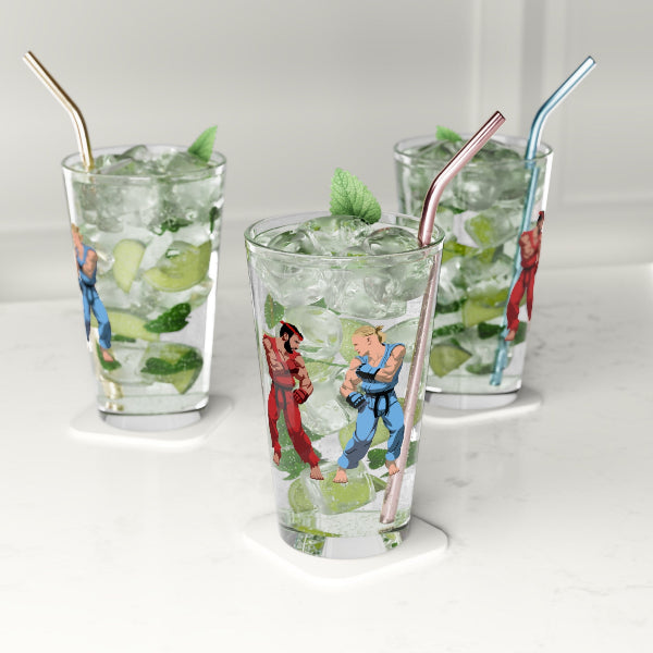 Three glasses with illustrations of characters and ice cubes on a white background