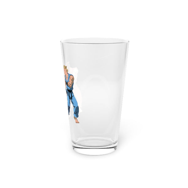 Clear glass with a printed design of a person in a blue outfit on a white background