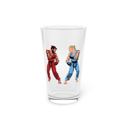 Clear glass with illustrations of two characters in red and blue outfits on a white background