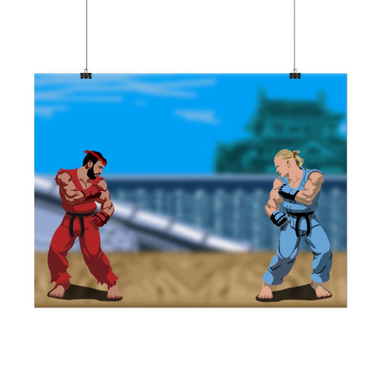 Two animated characters in red and blue martial arts uniforms facing each other with a castle in the background.