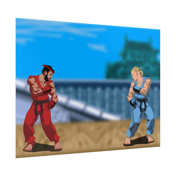 Two animated characters in red and blue outfits standing on a beach with a castle in the background.